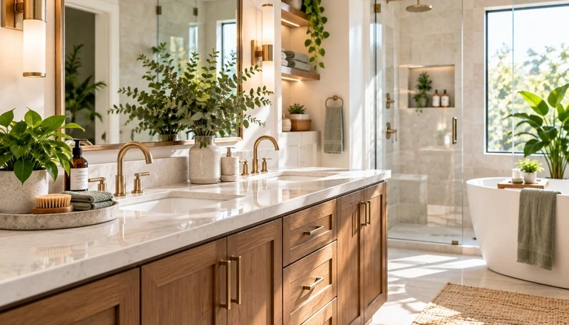 Bathroom vanity with a stone counter, mirrors and a glass shower