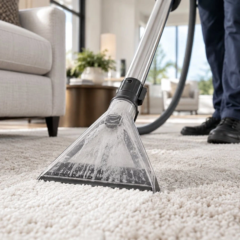 Carpet extraction tool cleaning a rug beside a sofa