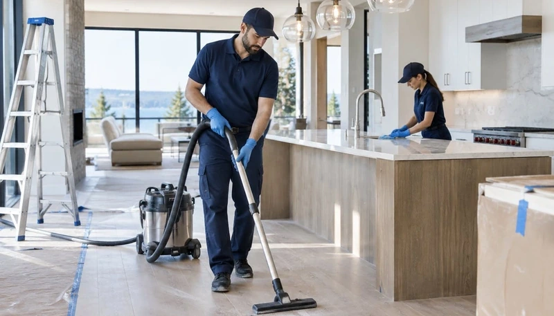 Cleaning team vacuuming the floor and wiping a kitchen island