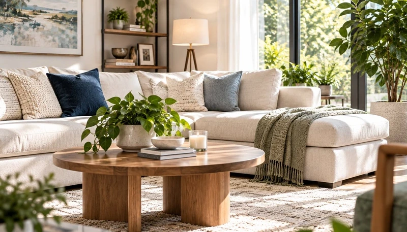 Bright living room with a sofa, plants and a clean wooden coffee table