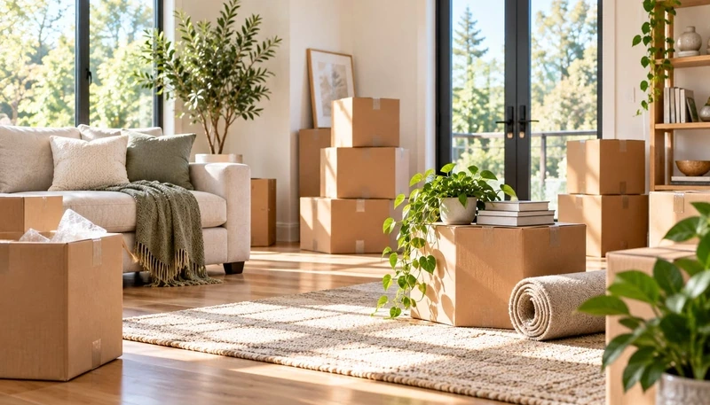 Moving boxes and plants in a bright room ready for a new arrival